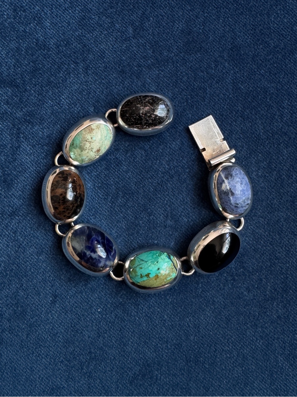 Mexico Sterling Silver 925 Multi-Stone Inlay Oval Link Bracelet Size 7.5